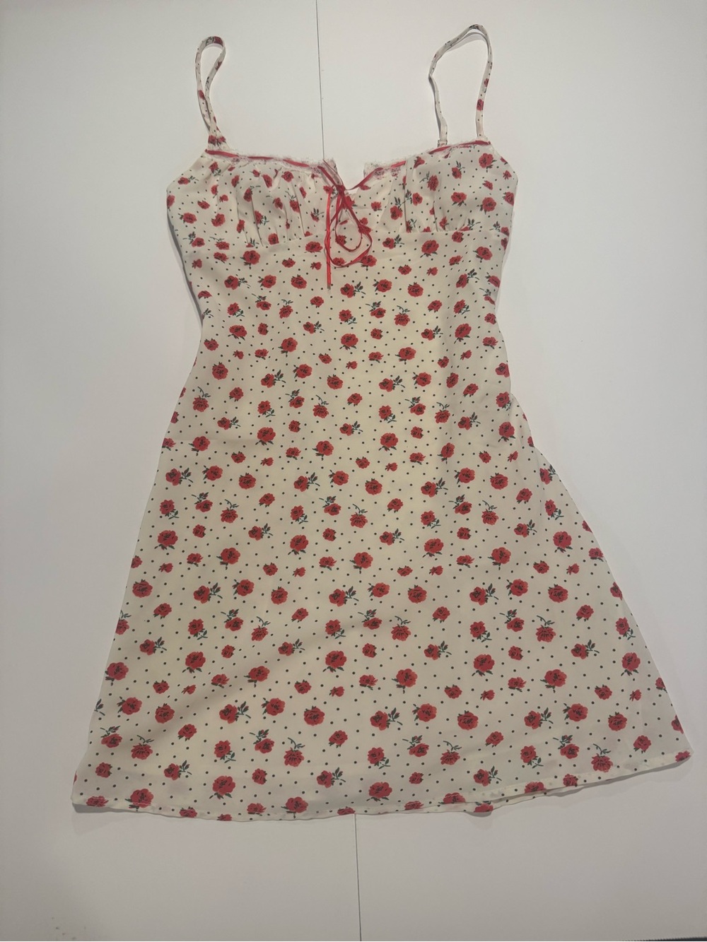Floral Spaghetti Strap Dress - Ivory with Red Rose Print